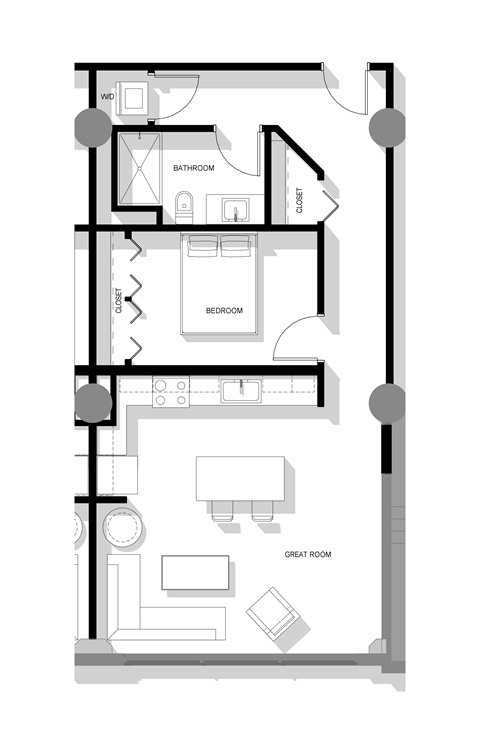 Floor plan for 1 bed, 1 bath, 722 sqft